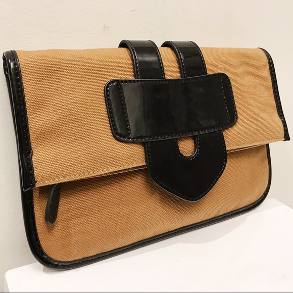 Tila March Paris Zelig Brown Canvas Black Patent Leather Shoulder Clutch Bag - Picture 4 of 12